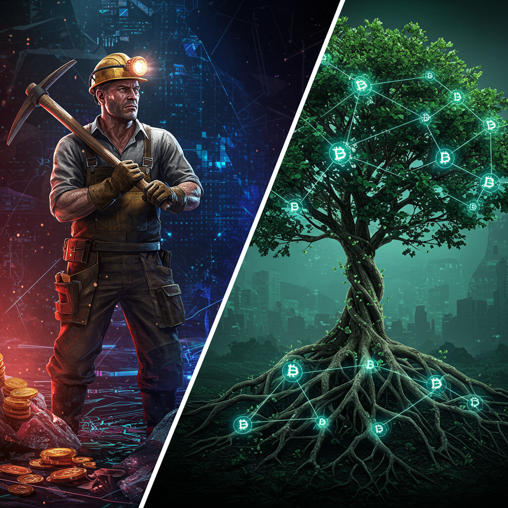 A split image: one side shows a miner with pickaxe in a digital landscape, while the other