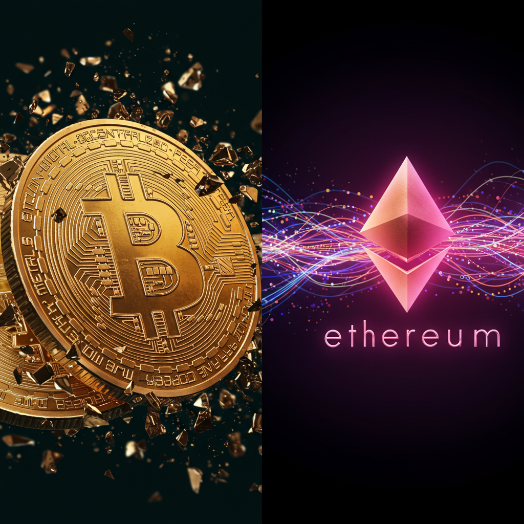 A split screen: on one side, a Bitcoin coin surrounded by fragmented UTXOs; on the other,