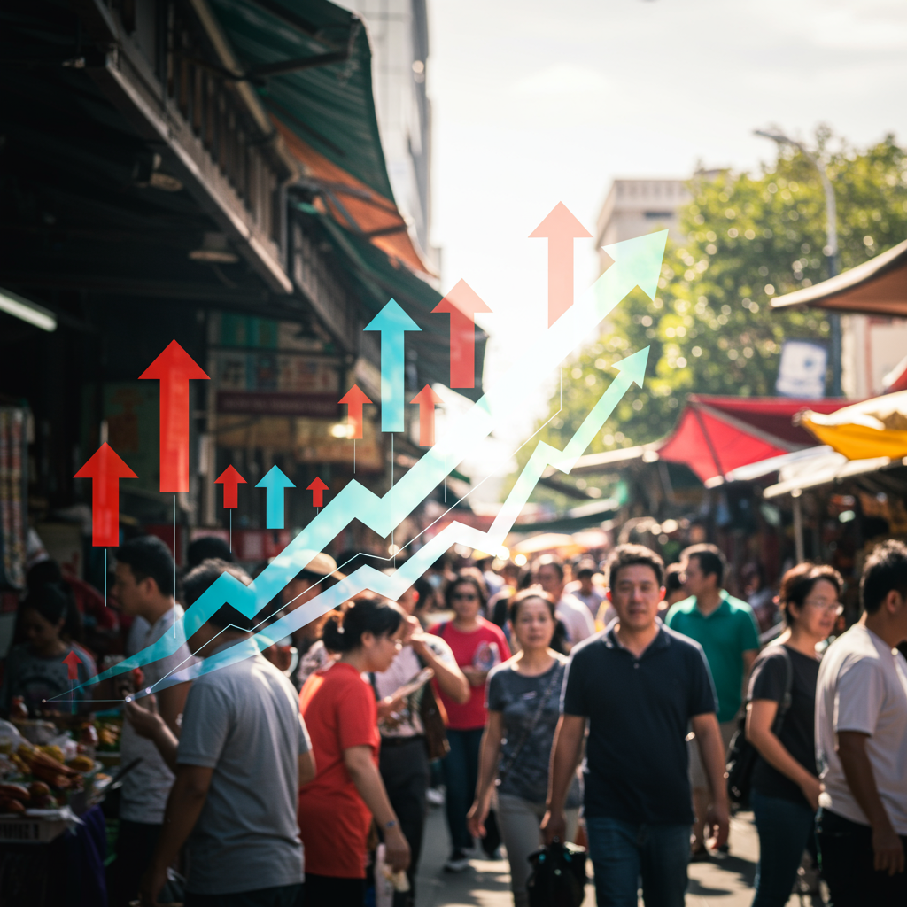 A dynamic market scene showing contrasting phases: a bustling crowd in accumulation with v