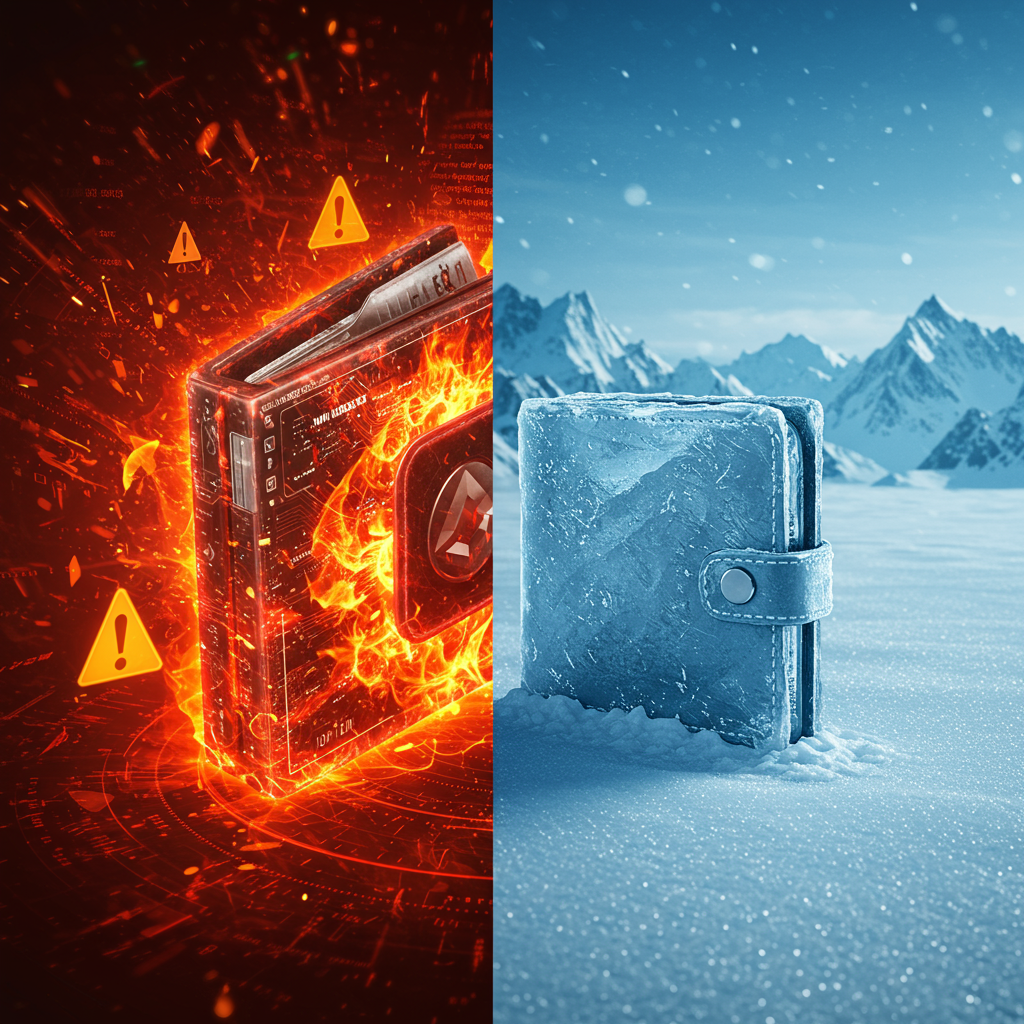 A split image: one side shows a glowing, digital hot wallet surrounded by fire and alerts,