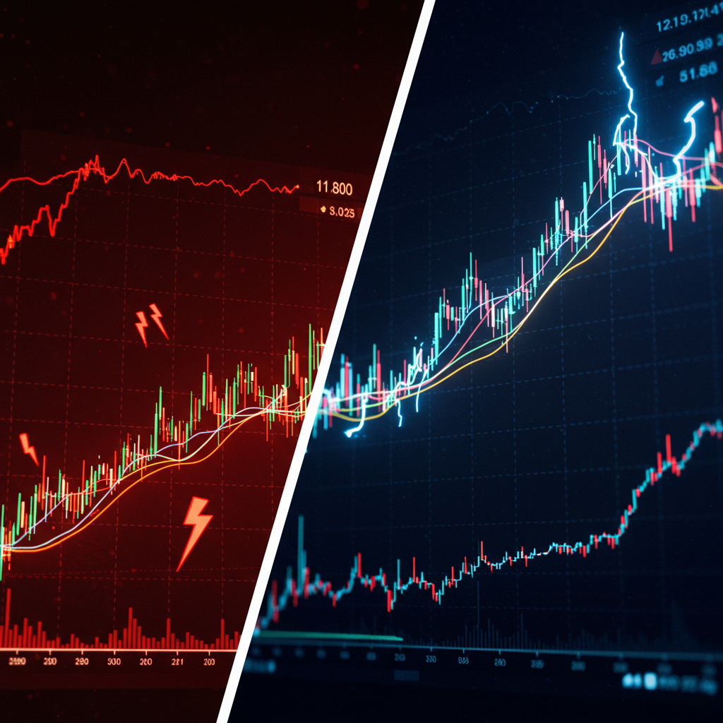 A split-screen illustration showing two financial charts: one with a bold RSI line and the