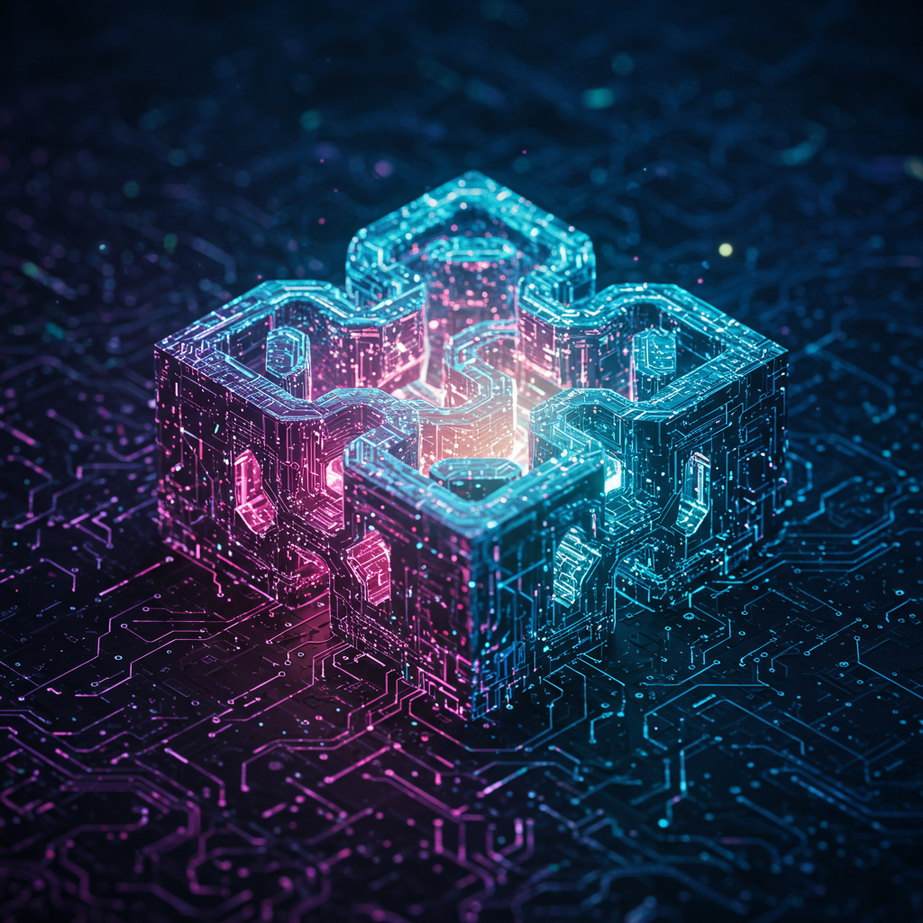 A close-up view of a digital block being constructed, showcasing glowing chains of data li