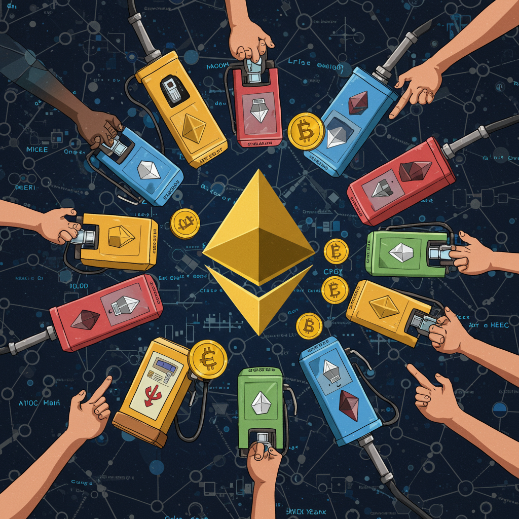 A colorful digital illustration of Ethereum's logo surrounded by gas pumps, Gwei coins, an