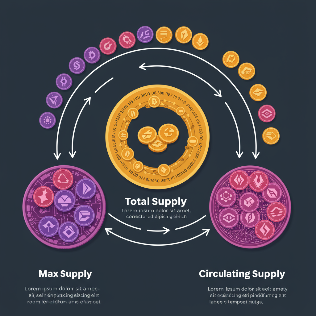 A vibrant infographic with three concentric circles labeled "Max Supply," "Total Supply,"