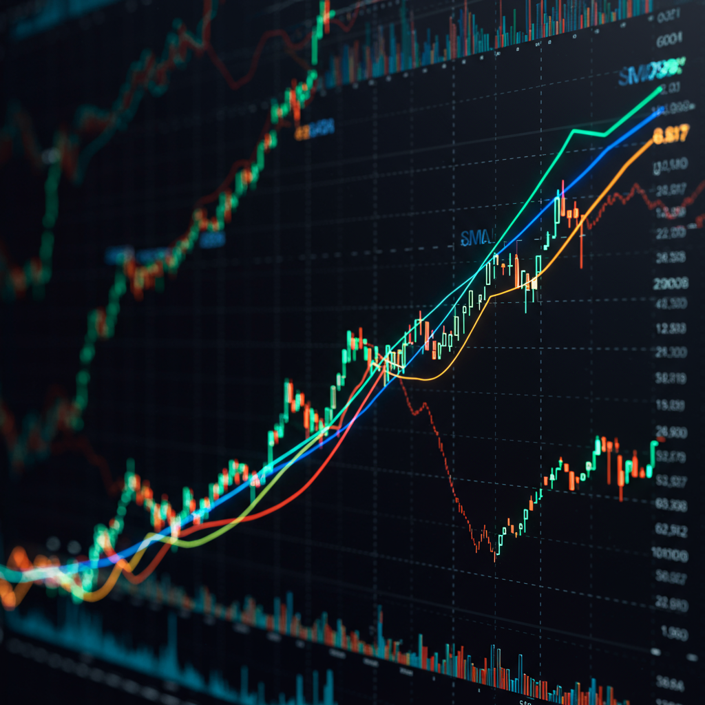 A vibrant, dynamic graph showcasing three distinct moving averages (SMA, EMA, WMA) with co