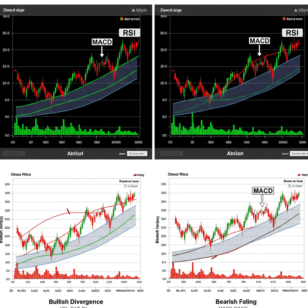 A split-screen graphic showing two scenarios: one side illustrates a bullish divergence wi